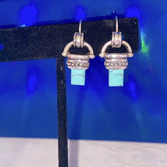 Boho Turquoise Stone Pendant Slide With Hook Turquoise Earrings Set Silver Tone - Picture 3 of 11